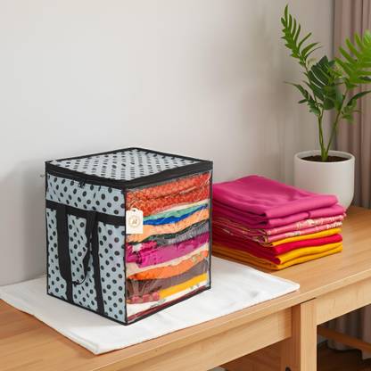 AMAK INC Polka Dot Non-Woven Saree Cover Organizer – 90 GSM Fabric, Transparent Front Window, Double Zipper & Sturdy Handles | Foldable Cloth Storage Box for Wardrobe (50L, Pack of 1) SFXL7773159842675