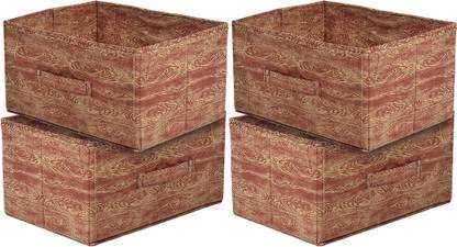 KUBER INDUSTRIES Storage Box Wooden Print Non-Woven Rectangular Cloth Storage Box Pack of 4 (Maroon Brown) 44KM0593