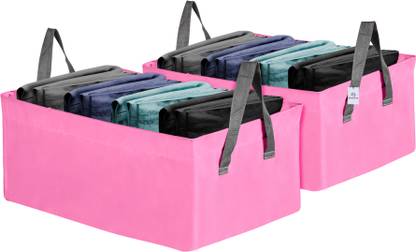 Heart Home Storage Box Pack of 2 Metal Frame Parachute Wardrobe Organizer with Handles | Pink Cloth Storage