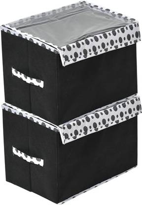 Mteaser Foldable Non-Woven Fabric Large Storage Box with Polka Dot Transparent Lid – Multipurpose Organizer Bin for Clothes, Toys Sturdy & Collapsible Storage Basket with Handle Set of 2