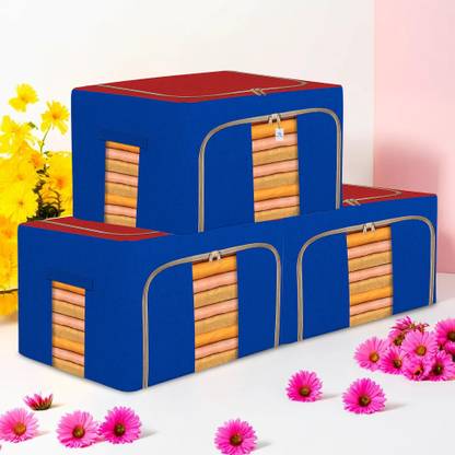 Heart Home Storage Box 24 Liter Steel Frame Garments Underbed Storage Box | Pack of 3 | Red & Blue Cloth Storage
