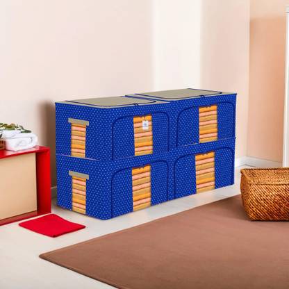 Heart Home Storage Box 24 Liter Steel Frame Garments Storage Box | Dot Print | Pack of 4 | Royal Blue Cloth Storage