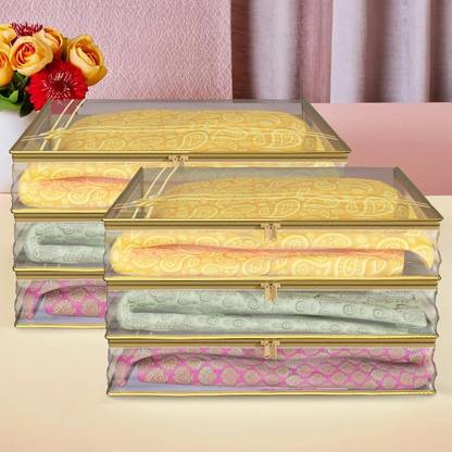 KUBER INDUSTRIES Designer Bow Design Transparent PVC Saree Cover With Golden Border- Pack of 6 (Gold)-HS_38_KUBMART21556 HS_38_KUBMART021556