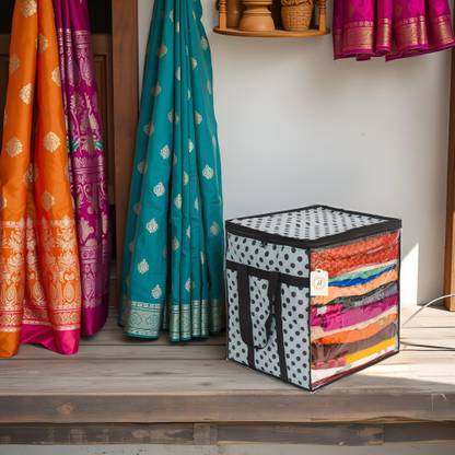 PRAHAN INTERNATIONAL Polka Dot Non-Woven Saree Cover Organizer – 90 GSM Fabric, Transparent Front Window, Double Zipper & Sturdy Handles | Foldable Cloth Storage Box for Wardrobe (50L, Pack of 1) SFXL7773159843002
