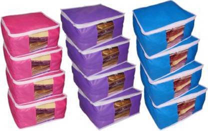 ultimatefashionista garment cover High Quality Combo deal Large 10 inch bridal High Quality Combo deal Large 10 inch bridal 4pc Pink saree cover 4pc blue sari cover and 4pc purple saree box gift organizer bag vanity pouch Capacity 10-15 Units Saree Each Keep saree/Suit/Travelling Pouch (Pink, Blue, Purple)