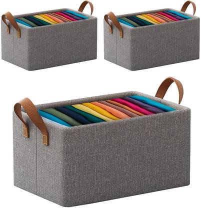 PRO99S Wardrobe Organizer for Clothes 26L with Metal Frame Rectangle Storage Baskets Collapsible Cloth Storage Box Storage Organizer Basket Cubes PACK OF 3 Storage Box with Handles Shelf Basket for Storage Clothes Pants Jeans Sweater