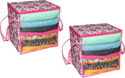 Ankit International AI_Pink Flower Box_002 XL Saree Cover/sari organizer with handles and transparent front (15 * 12 * 15 In),(Pack of 2), Pink Flower AI_Pink Flower Box_002