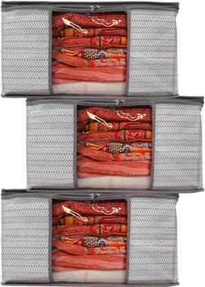 Gokru Cloth Cover Non Woven Grey Saree Cover/Cloth Cover/Storage Bag/Grment Cover (Pack 3) Organiser Cover/Transparent Window And Zip