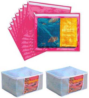 Home Organize Pack of 10 Single Packing Saree Cover 8 and Large Saree cover 2 with Transparent Window and Zip for ,Clothes ( Pink Grey ) HOSLSARCOVPINKGREY82