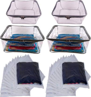 ultimatefashionista garment cover combo pack of 4 tranparent saree cover 10-15 capacity salwar,garment and single saree cover set pouches bag 4greytrans24pcsinglesareecoverwhite