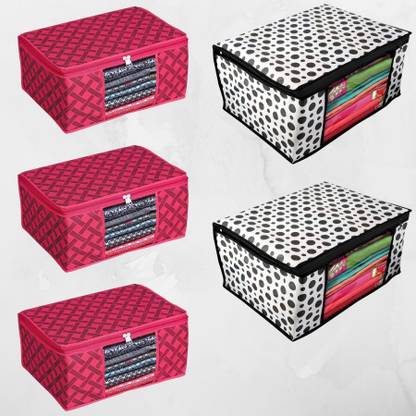 BEGED Designer White Dots and Red Lines Design 5 Piece Non Woven Fabric Saree Cover Clothes Organiser For Wardrobe Set with Transparent Window Garment Saree Cover Double Size Transparent Window with Double Side Zip