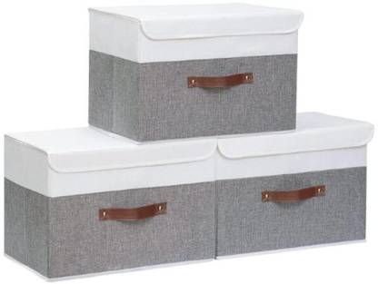 QUAIL Non-Woven Foldable Large Size Jute Printed Storage Box with Lid & Handles Collapsible Storage Bin for Organizing Toys, Clothes, and Books Pack of 3