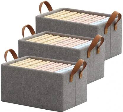 Vervita SET OF 3 Wardrobe Organizer for Clothes with Metal Frame Rectangle Fabric Storage Box with Handles Shelf Basket for Storage Clothes Pants Jeans