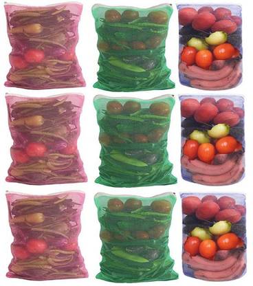 Home Organize Pack of 9 Reusable Mesh Fridge Storage Bags for Fruits and Vegetables / Reusable Washable Fridge Multipurpose Storage Bag ( Pack of 9 ) HO-NEWMESHVEGMUL09