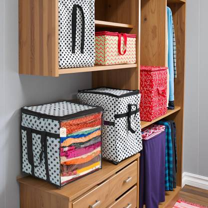 AMAK INC Polka Dot Non-Woven Saree Cover Organizer – 90 GSM Fabric, Transparent Front Window, Double Zipper & Sturdy Handles | Foldable Cloth Storage Box for Wardrobe (50L, Pack of 1) SFXL7773159842953
