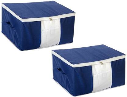 SH NASIMA 02 Non Woven 2 Pieces Underbed Storage Bag , Cloth Organiser, Blanket Cover with Transparent Window (N Blue)