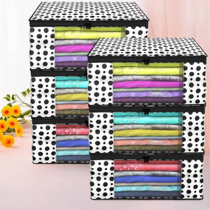 KUBER INDUSTRIES Designer Polka Dots Design 6 Piece Non Woven Fabric Saree Cover/ Clothes Organiser For Wardrobe Set with Transparent Window, Extra Large,(Black & White) -CTKTC38089 CTKTC038089