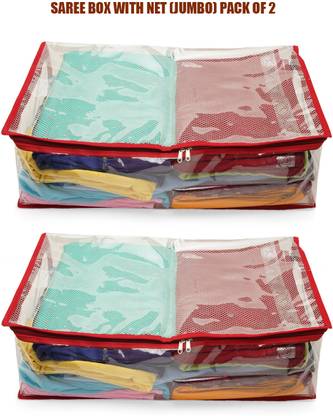 REYJOEY Plastic Plain Fully Transparent Saree Cover with Net - Storage Box / Case / Pouch Storage Bag Set of 2 (RECTANGLE)