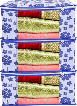 Ganpati Bags Flower Print 3Piece Non Woven Fabric Saree Cover/Clothes Organiser For Wardrobe Set with Transparent Window GB-3082