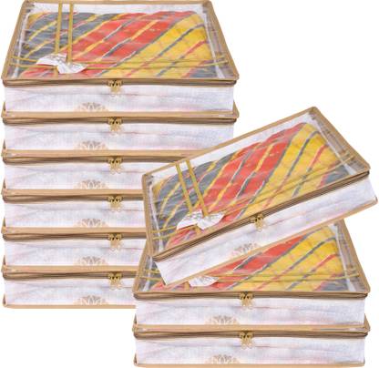 KUBER INDUSTRIES Saree Cover Bow-Gola Print Saree Cover with Top Visible Window|3 Inch|Pack of 9|White Cloth Storage