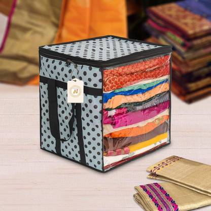 AARON INC Polka Dot Non-Woven Saree Cover Organizer – 90 GSM Fabric, Transparent Front Window, Double Zipper & Sturdy Handles | Foldable Cloth Storage Box for Wardrobe (50L, Pack of 1) SFXL7773159842678