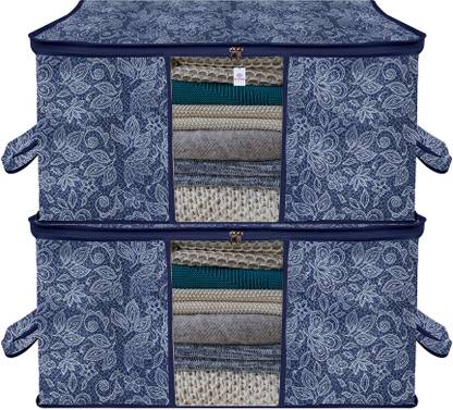 Heart Home Underbed Storage Bag Flower Print Underbed Storage Bag with View Window & Handle|Pack of 2|Navy Blue Cloth Storage