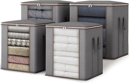 Wolfster Extra Large Blanket Storage Bags 90L Dustproof Transparent Window Pillow Sheet Foldable Clothes Storage Organizer Container Reinforced Handles Breathable For Double Bed Quilt/Saree Bag/Lehnga Storage & Wardrobe Organizing (Pack of 4)