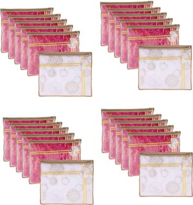KUBER INDUSTRIES Saree Cover Bow Gola Print Top Visible Window Single Packing Saree Cover|Pack of 24|White Cloth Storage