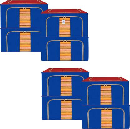 Heart Home Storage Box 66 Liter Steel Frame Garments Underbed Storage Box | Pack of 8 | Red & Blue Cloth Storage