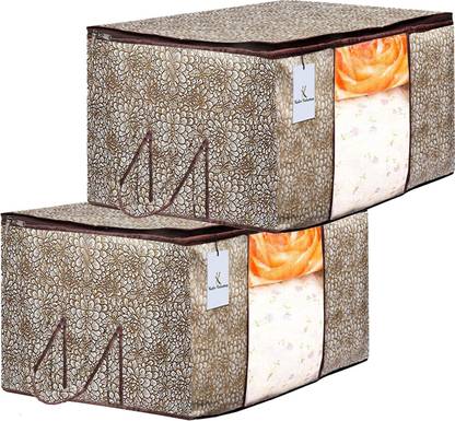 Billion Designer Metalic Printed 2 Piece Non Woven Underbed Storage Bag,Storage Organiser,Blanket Cover with Transparent Window ,Extra Large, Golden & Brown BILLION034517