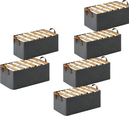 Vervita PACK OF 6 Wardrobe Organizer for Clothes with Metal Frame Rectangle Storage Baskets Fabric Storage Box with Handles Shelf Basket for Storage Clothes Pants Jeans