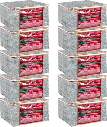 Maahixa Non Woven Saree Cover Fabric Clothes Organiser for Wardrobe with Transparent Window & Zip Clothes Storage Bag for Lehenga Suit, Dress Saree Packing Covers for Clothes (Pack Of 10, Grey)