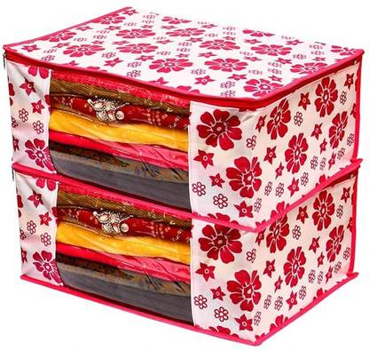 Asiya Enterprises pack of 02 Saree Cover With Zip, Multipurpose Storage Bag For Suit, Black dot saree cover Saree Cover/Bags/Organizer For Wardrobe -Pink Flower Foldable Saree Covers