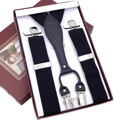 AM AmorMente ™Black Shoulder Straps 4 Clips Men's Black Suspenders Belt Garter