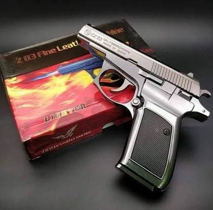 MEZIRE ™Gun Lighter Z83 Silver Heavy Weight Real Look Reloaded Jet Flame Pull Back Pocket Lighter