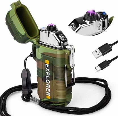 MOUNT WOLF Premium Quality Windproof & Waterproof 2 in 1 Double ARC Lighter With LED Torch Polyresin, Plastic Electronic Gas Lighter