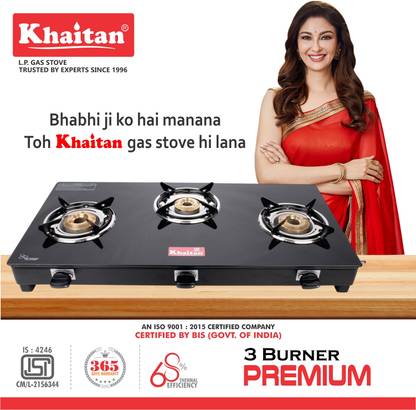 Khaitan 3 Burner Premium Black Glass Manual Gas Stove