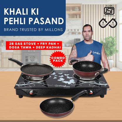 Sigri-wala Family Combo 2B gas stove+fry pan+dosa tawa+deep kadhai Glass Manual Gas Stove