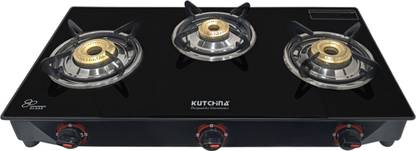 Kutchina Pluto 3B Glass Gas Stove 3 Burner, 3 Burner Glass Cooktop Gas Stoves Glass Manual Gas Stove
