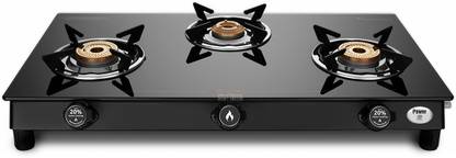 Preethi Bluflame Sparkle Power Duo Glass top 3 Open burner gas stove, Manual Ignition Glass Manual Gas Stove