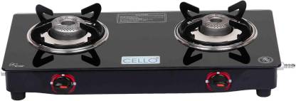 cello Gem 2 Burner Black Manual Ignition LPG Glass Top Gas Stove, ISI Certified Glass Manual Gas Stove