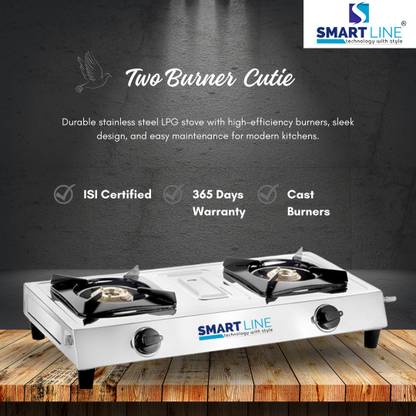 SMART LINE Double Burner Cutie, ISI marked LPG cooktop with Cast Burners Stainless Steel Manual Gas Stove
