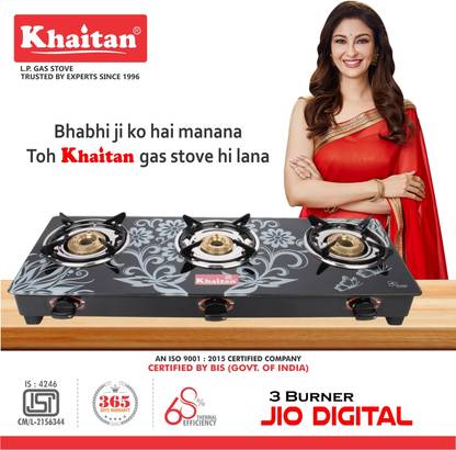 Khaitan byKhaitan 3 Burner BP Jio Digital MS Touhened ISI Marked Glass Manual Gas Stove