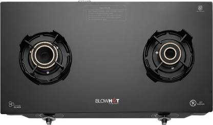 BLOWHOT Emerald Heavy Tornado Brass 2 Burner Toughened Glass Top, 2 Year Warranty Glass, Iron Automatic Gas Stove