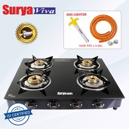 SURYAVIVA Nano 4B (Hose pipe+Lighter) Toughened Glass Manual Gas Stove