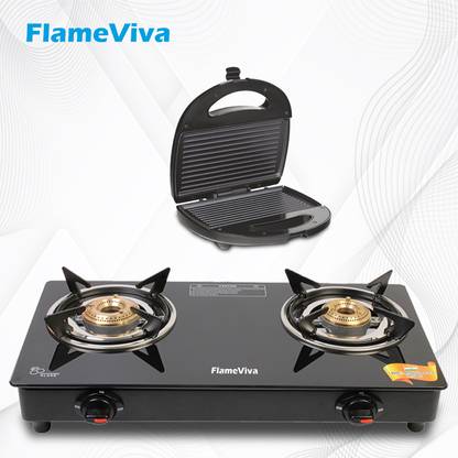 FLAMEVIVA Star 2B Combo Grill Toster Toughened 2 Cast Iron Burner (Ignition,Black) Glass Manual Gas Stove