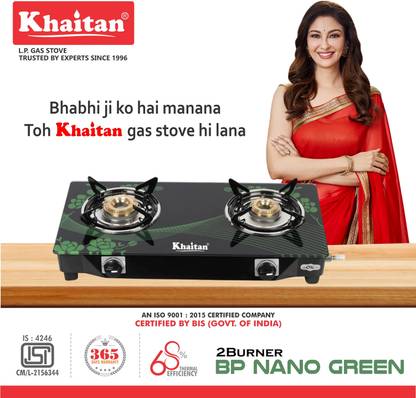 Khaitan 2 Burner BP-Nano Green Digital Glass Manual Gas Stove