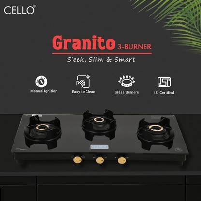 CELLO Granito 3 Burner Black Gas Cooktop, Dual Shade Toughened Glass, ISI Certified Glass Manual Gas Stove
