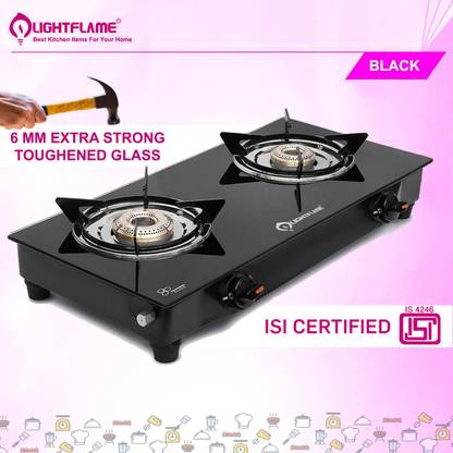 LIGHTFLAME Smart Gas Stove with 2 Burner, Manual Ignition, ISI Certified Black Toughened Glass Manual Gas Stove