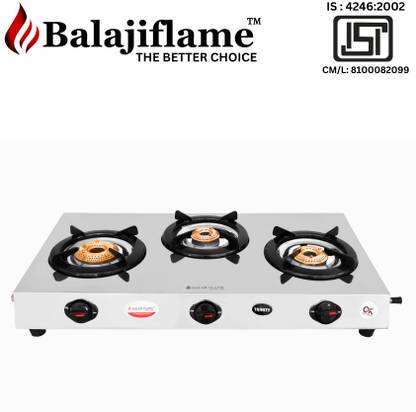Balajiflame Heavy 3 Burners L.P.G Gas Stove With Brass Burners Stainless Steel Manual Gas Stove